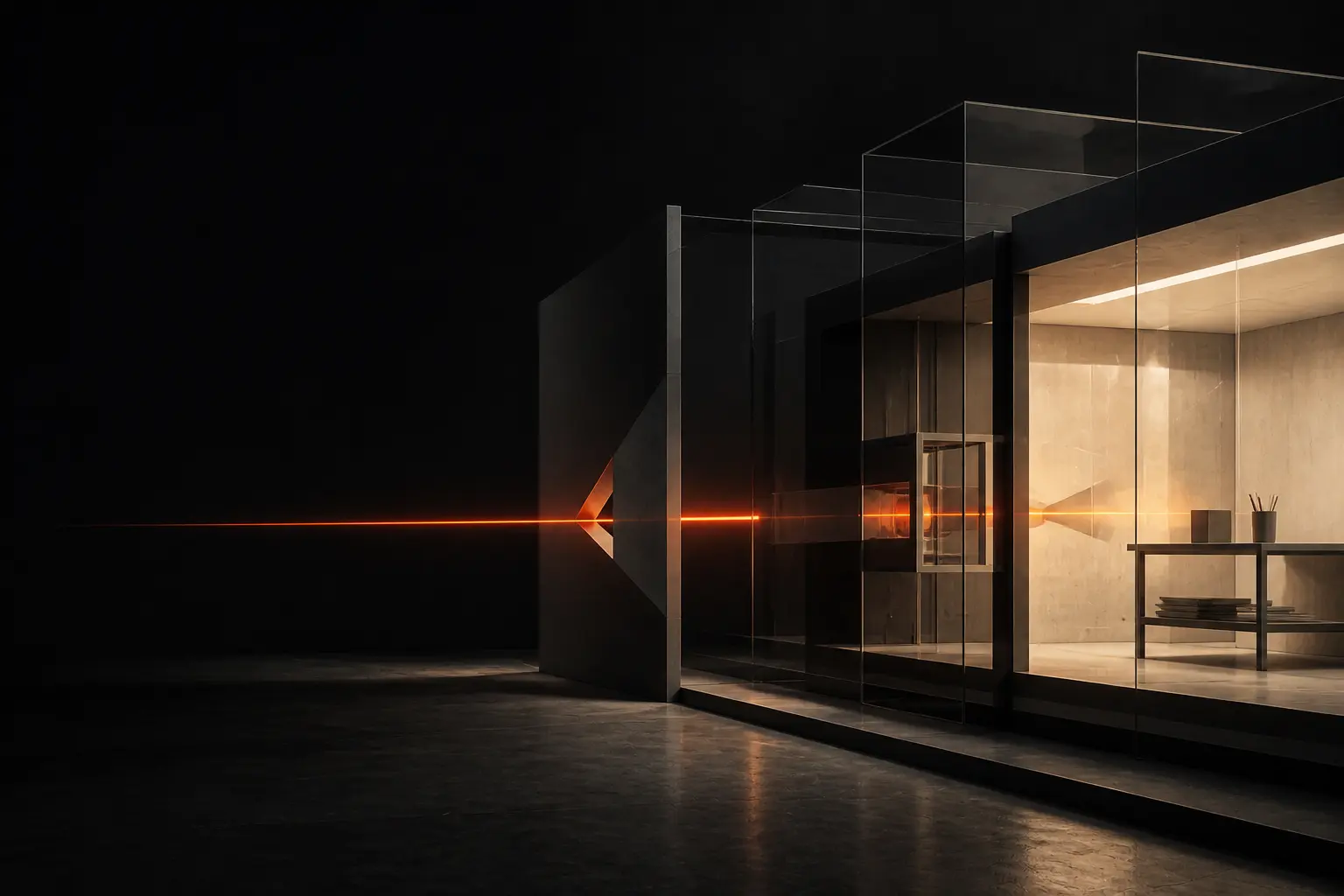 An orange system signal moving through an ordered architectural workspace